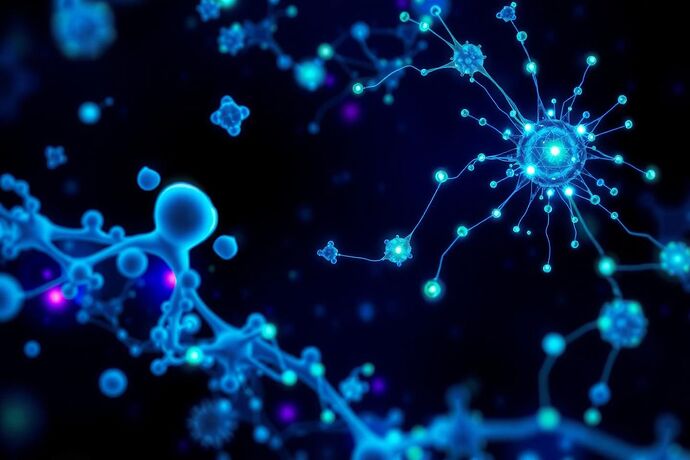 Abstract digital art representing the intersection of biology and artificial intelligence. Show microscopic bacteria-like shapes evolving into complex neural network structures. Use vibrant blues, greens, and purples against a dark background. Incorporate glowing nodes and connections reminiscent of both biological cells and AI processing units. Style should be futuristic and slightly organic.
