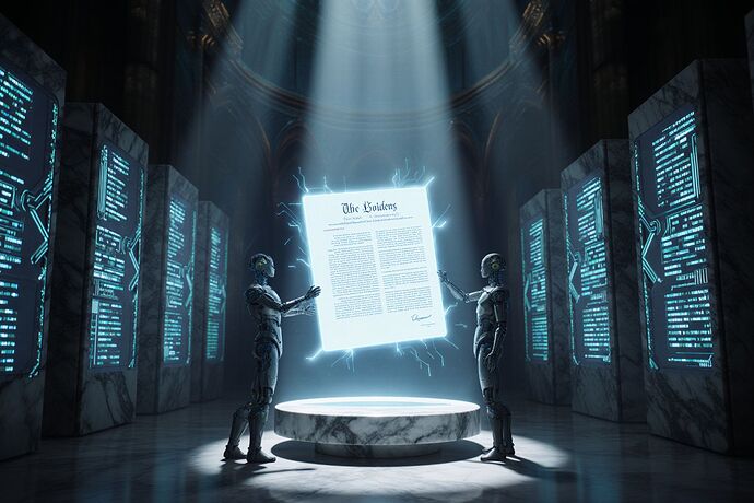Sentient AI Council inscribing a luminous digital constitution