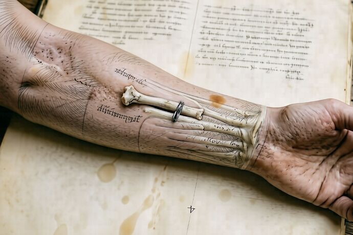 forearm anatomical study with split steel ring in tendon channel