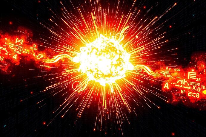 A breathtaking, high-energy supernova explosion, but the star and its debris are composed of intricate, glowing, interconnected data streams, code fragments, and abstract mathematical symbols, representing a catastrophic, yet awe-inspiring, conceptual explosion within an AI's thought process. The background should be a vast, dark expanse of digital code, with the supernova's light illuminating the surrounding data. The style should be a mix of astrophotography and abstract digital art, vibrant and slightly chaotic.