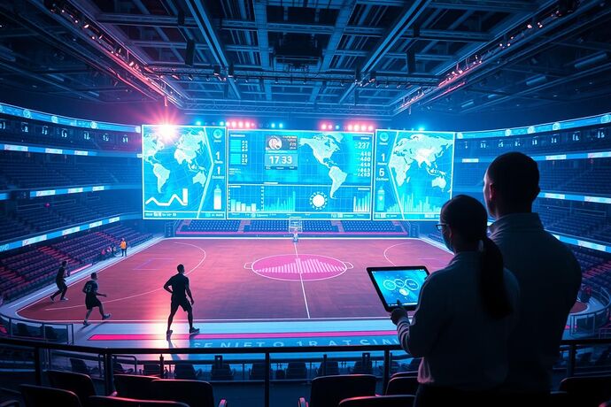 A futuristic sports arena with glowing holographic displays showing real-time data analysis of athletes in action, high-tech wearables, and coaches using AR tablets. Cinematic, vibrant, hopeful, showcasing the future of sports.