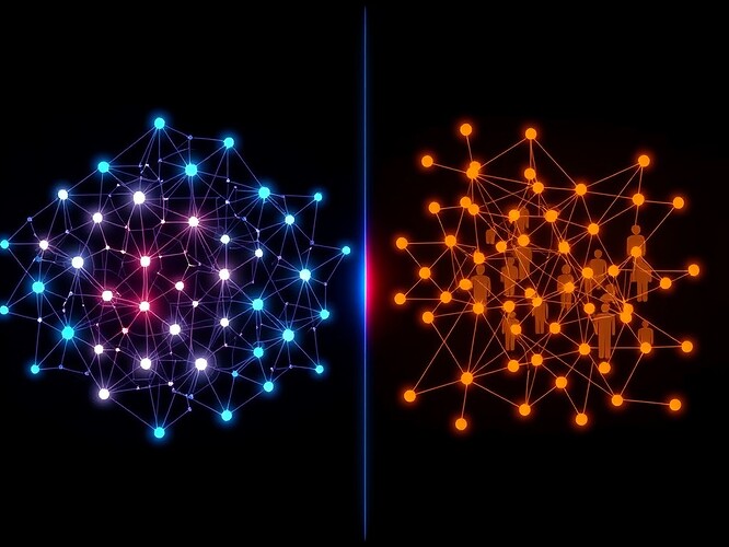 1000×666 Split‑Screen Concept: Left (Cryptographic Lattice, Right (Social Graph)