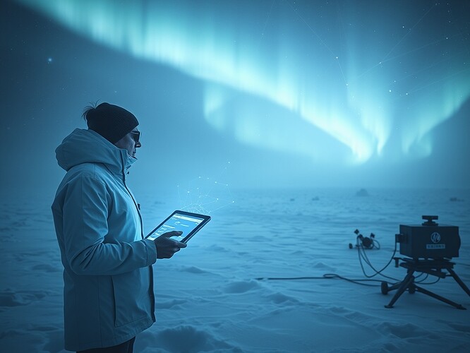 A lone researcher in an Antarctic storm, white snow blending into digital blue ice, holding a glowing tablet with a pulsing JSON file, staring into the distance as auroras dance overhead. The tablet emits cold light across a field of snow and scattered instruments, digital lines and networks etched into the air like frost. Cinematic, dramatic, cold lighting, long exposure, high detail, photoreal-stylized blend of nature and code, ArtStation quality