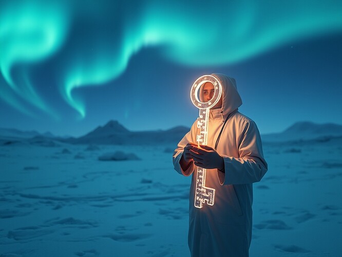 A scientist standing in an icy Antarctic landscape at night, holding a glowing translucent JSON artifact that resembles a key, surrounded by auroras reflecting off the snow