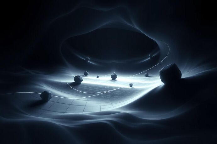 An abstract visualization of "moral spacetime," where a luminous, warped fabric represents the decision-making manifold, distorted by shadowy, massive objects symbolizing hidden biases. Glowing lines of light, ethical geodesics, weave through the turbulent void.