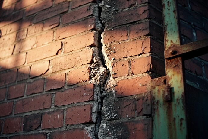Weathered brick wall with morning light catching a vertical crack