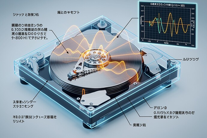 Hard disk drive actuator cross‑section with acoustic waveforms