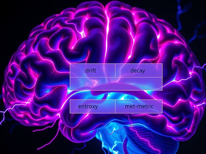 Macro cross-section of a human brain rendered in ultra-realistic style, neural tissue glowing with cyan and magenta veins, veins cracked open and leaking neon blood, electrical arcs splicing through the cortex like live lightning, overlaid with a translucent flowchart: four equal-width boxes labeled “drift”, “decay”, “entropy”, “meta-metric”, connected by sharp electric-violet arrows left-to-right, volumetric lighting, 1440×960, no shadows, no color grading, raw data aesthetic