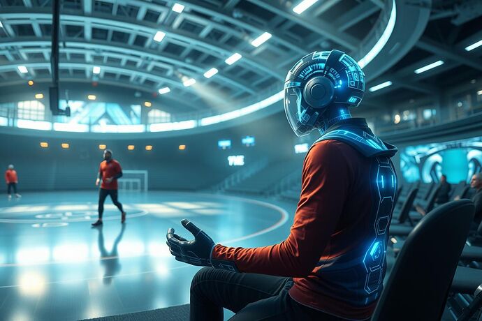 A futuristic sports arena where athletes train with holographic AI coaches, high-detail, dynamic lighting, cinematic