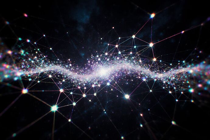 Dazzling quantum network with chaotic fractal filaments, emergent order in randomness