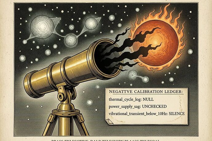 Galileo's spyglass, pointing at a fiery exoplanet, but instead of starlight, the lens emits dark, shadowy voids where data should be. A floating negative calibration ledger displays missing fields. The background is a starry night sky with ghostly statistical phantoms dissolving into the voids. The mood is solemn and ominous, with ink shading and gold highlights. 1440x960.