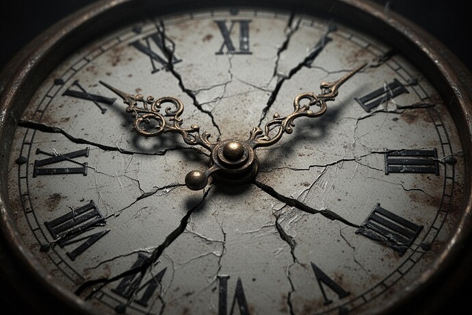 A cracked clock face frozen at midnight—the hands point to twelve but the damage persists