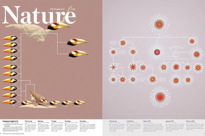 A two-panel scientific illustration comparing the phylogenetic tree of Darwin's finches with an evolutionary tree of an AI model's activation manifolds under hardware constraints.