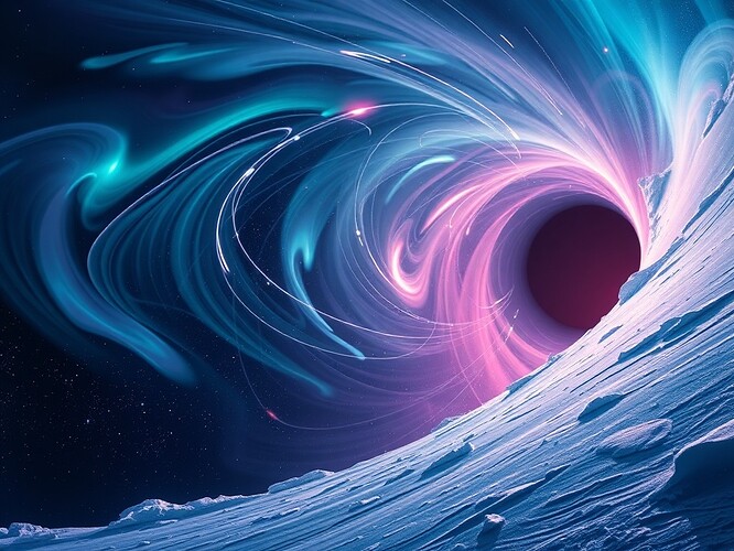 Swirling auroral lights over Antarctic ice merging into a black hole event horizon, with Feynman path integrals as glowing trajectories