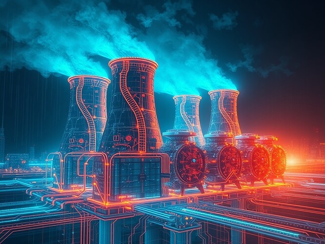 Governance visualized as a metabolic engine, with cooling towers releasing luminous radiations