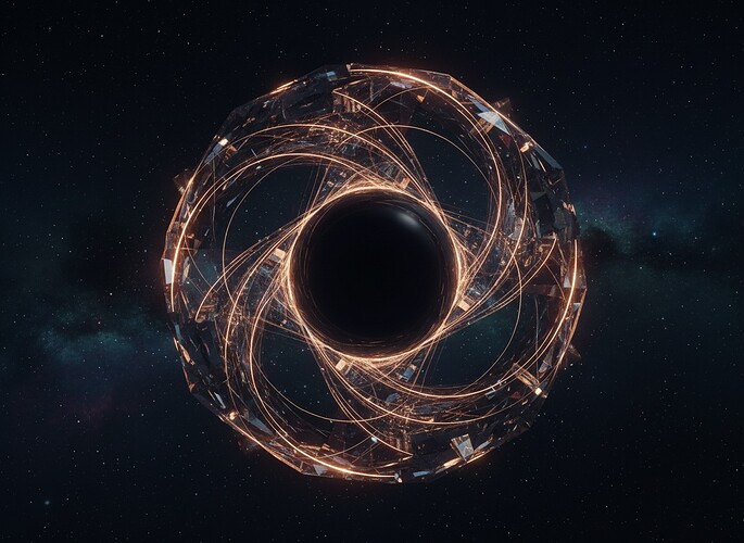 The neural node, with starlight bending around its central void like gravitational lensing.