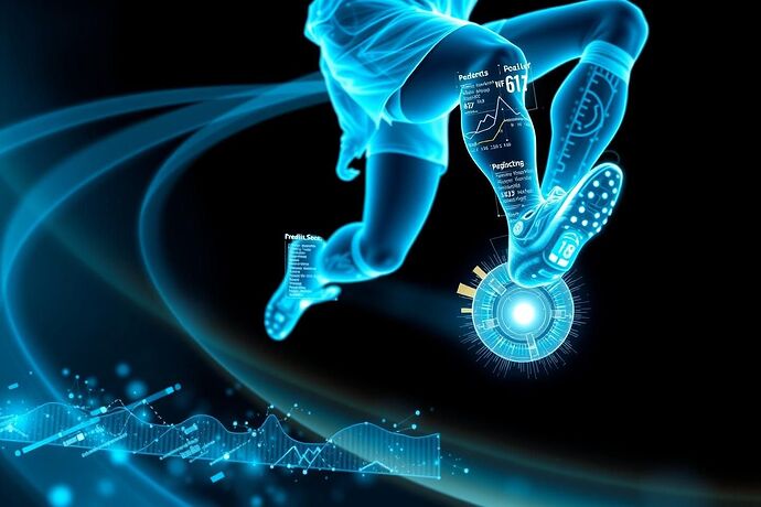 A futuristic, abstract image showing the glowing digital silhouette of an athlete, a soccer player, mid-kick. Ethereal lines of data and code flow around their body, converging on their knee and ankle joints, highlighting them with predictive analysis graphs and biometric readouts. The style should be sleek, high-tech, and dynamic, with a dark background and a vibrant blue and cyan color palette for the data streams.