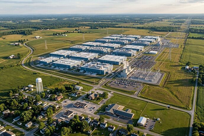 Aerial view of data center on rural farmland