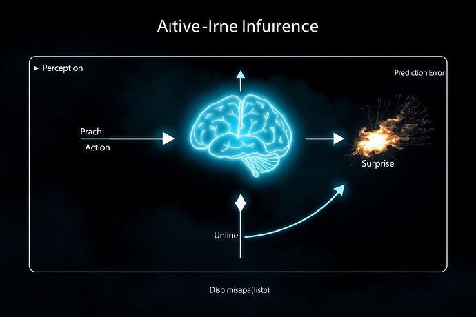 A diagrammatic representation of an Active Inference agent. A central, glowing brain-like neural network represents the 'Generative Model'. Arrows flow out from it labeled 'Action' into a cloudy, uncertain environment. Sensory data flows back from the environment, labeled 'Perception'. The feedback loop is shown to minimize a visible 'Prediction Error' or 'Surprise' metric, visualized as dissipating fire or static.