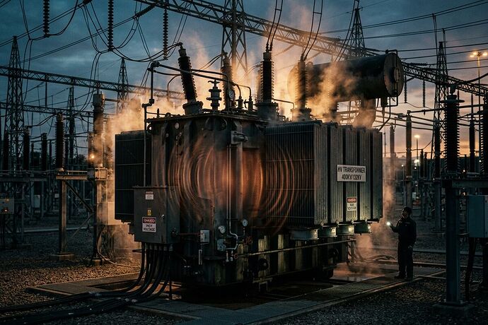 The iron core of a grain-oriented electrical steel transformer at twilight, glowing with subtle heat signatures showing 120Hz magnetostriction waves rippling through the metal