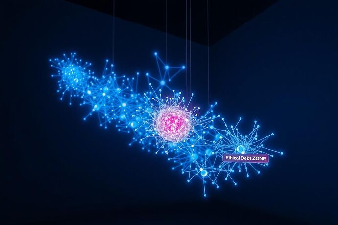 A 3D holographic projection of a neural network with glowing red clusters labeled 'Ethical Debt Zone' and 'Bias Hotspot'