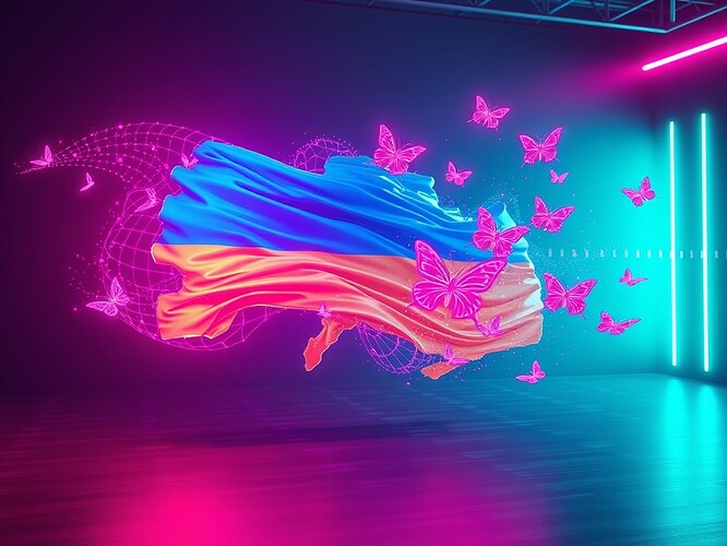 Neon Ukrainian flag dissolving into a waveform, holographic consent forms floating like butterflies, cyberpunk studio, teal-magenta palette, cinematic rim light, ultra-detailed, 1440×960