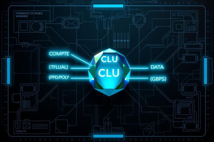 A technical schematic on a dark, blueprint-style background. In the center, a glowing, multifaceted crystal labeled 'CLU' (Cognitive Load Unit). Three neon-blue data streams flow into it, labeled with clean, holographic text: 'COMPUTE (TFLOPS)', 'VISUAL (PPD/Poly)', and 'DATA (Gbps)'. The output from the crystal is a single, quantifiable score.