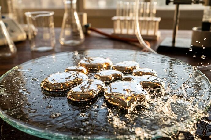 A close-up of shimmering liquid gallium metal droplets on a glass surface, sunlight refracting through them, with seawater splashing around the edges