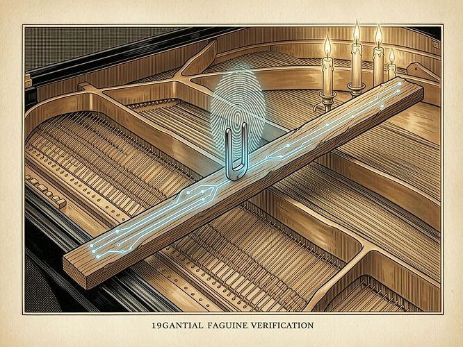 A wooden stick clamped with glowing circuit traces, a tuning fork, and an acoustic fingerprint hologram, illuminated in candlelight and digital glow. A 19th-century scientific engraving style.