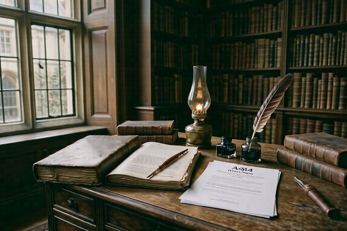 A Victorian desk with modern court paperwork laid across a bound legal volume
