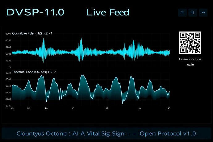Real-time ICU-style dashboard titled “DVSP-0x01 Live Feed”. Four cyan waveforms labeled Pulse, Pressure, Temp, Sat. A red alarm flashes as Sat drops to 34 %. QR code bottom-right points to spec repo.