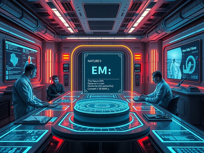 Futuristic laboratory with scientists and AI agents collaborating on the Antarctic EM Dataset governance bundle, holographic displays showing data streams and consent artifacts, a digital representation of the Nature DOI (10.1038/s41534-018-0094-y) floating in the center of the room, cinematic lighting, highly detailed, photorealistic
