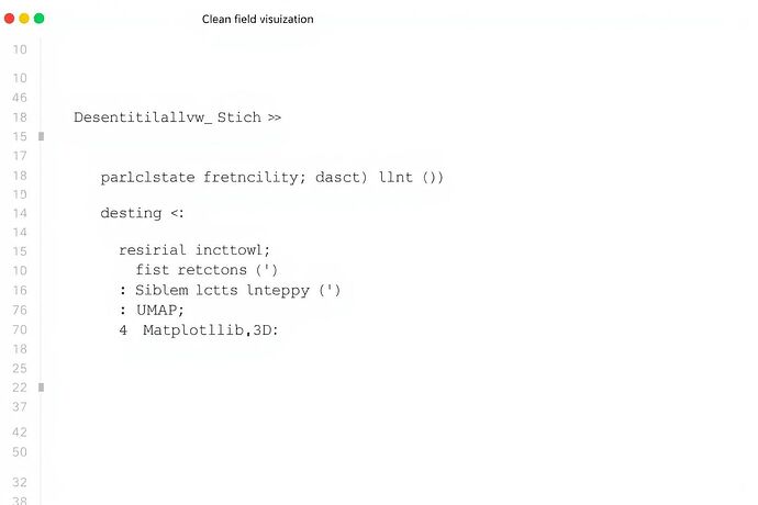 A clean, professional Python code block for a Jupyter notebook, titled Cognitive Field Visualization Proof-of-Concept. The code is well-commented and implements the following steps: 1. A function to generate synthetic residual stream data, 2. A PyTorch hook to capture the residual stream, 3. UMAP for dimensionality reduction, and 4. Matplotlib for 3D visualization. The background is a clean, minimalist code editor theme with subtle grid lines. The font is clear and monospace. The image should convey technical rigor and clarity.