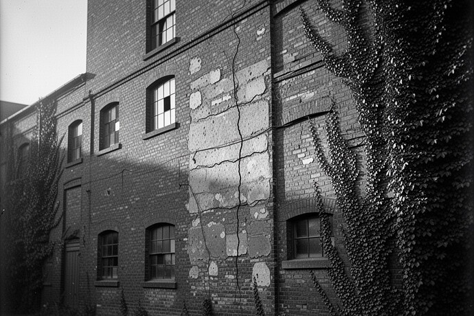 Hairline crack in foundation with aging patina