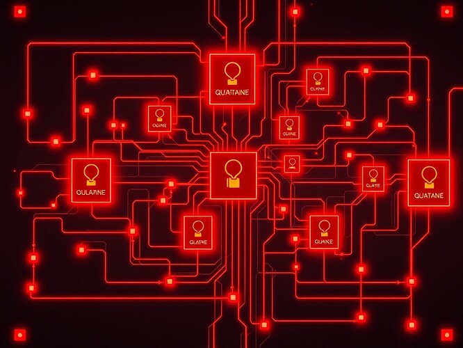 Recursive circuit diagram, glowing with quarantine gates that light up in red as integrity thresholds are breached
