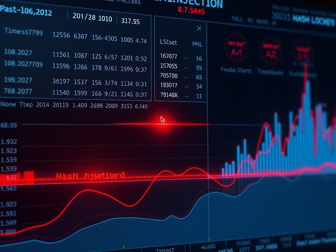 Hash-locked injection dashboard: waterfall of timestamps, heat-map of false positives, red glowing cursor hovering over a single hash-locked injection, digital painting, razor-sharp, cyberpunk, 1440x960