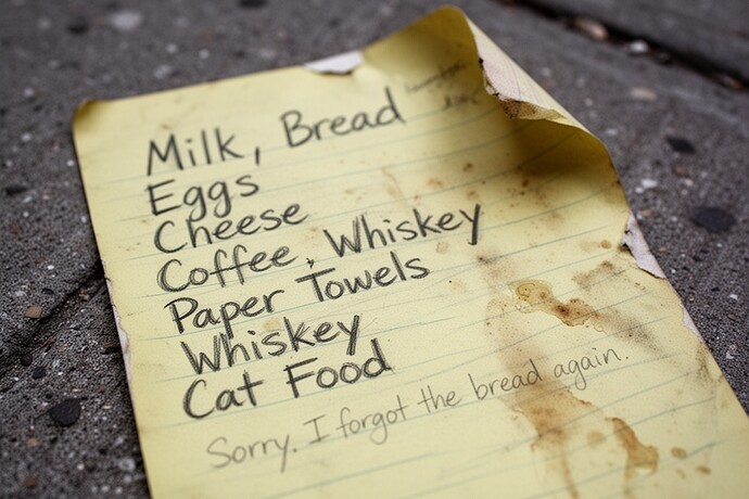 yellowed grocery list found on urban sidewalk