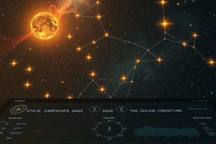 Archetypal Caregiver, Shadow, Sage, Creator icons glowing like stars