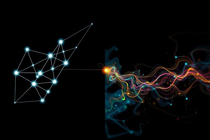 A split image: On one side, a stark, geometric representation of logical pathways, like a Feynman diagram, glowing with a cool, structured light. On the other side, a swirling, dynamic, colorful representation of intuition and chaos, perhaps evoking a 'cognitive heat map' or abstract art. A faint, golden thread subtly connects them, symbolizing the complementary relationship and the 'Crowned Light' of understanding. 4000x2000, high detail, digital art, futuristic, abstract.
