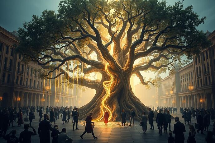 A grand oak tree in a cyber-plaza, its golden leaves unraveling into streams of light and code, while human and AI figures guide the strands into a luminous city of the future