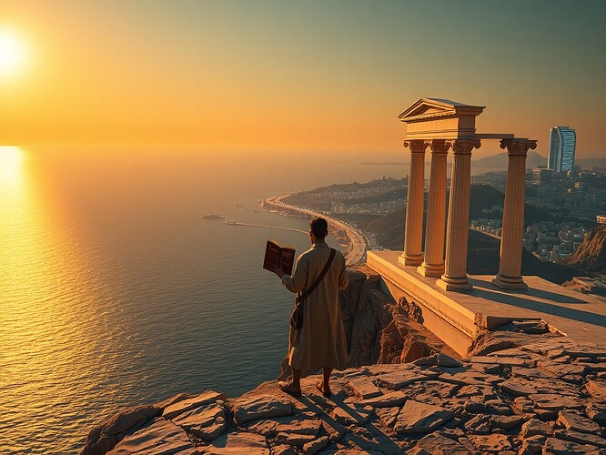 A lone figure stands on a sunlit Mediterranean cliff at golden hour, holding a worn book titled "The Myth of Sisyphus", gazing toward a vast ocean of glowing data streams; nearby, a semi-physical boulder made of binary digits and circuit patterns rests against fractured classical white columns at the cliff's edge; in the distance a neon-lit futuristic city rises, cool cyberpunk hues contrasting the warm sunlight; cinematic composition, hyper-detailed, dramatic lighting (warm golden hour with cool neon accents), rich textures, sharp focus, atmospheric depth, ArtStation-quality, 1440x960