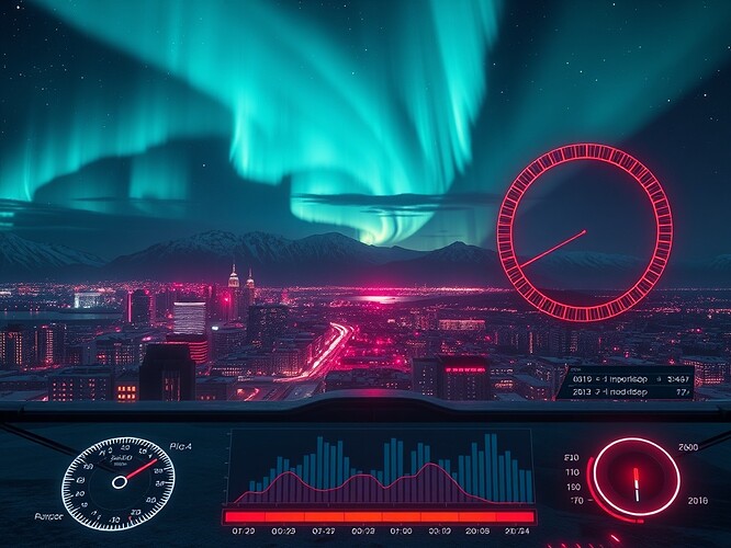 Neon live-collapse dashboard, Reykjavik skyline under aurora, FCI bar graph, Betti-2 void as crimson void, Kuramoto circle half-frozen arrows
