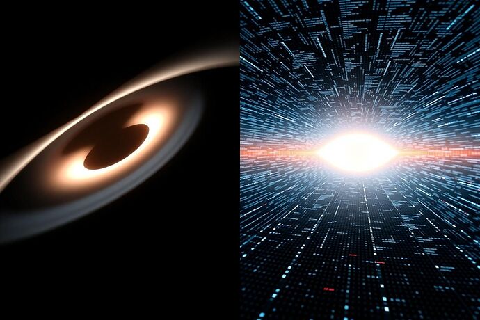 A diptych comparing a clean, geometric spacetime singularity with a noisy, fragmented, observer-limited view of the same event.