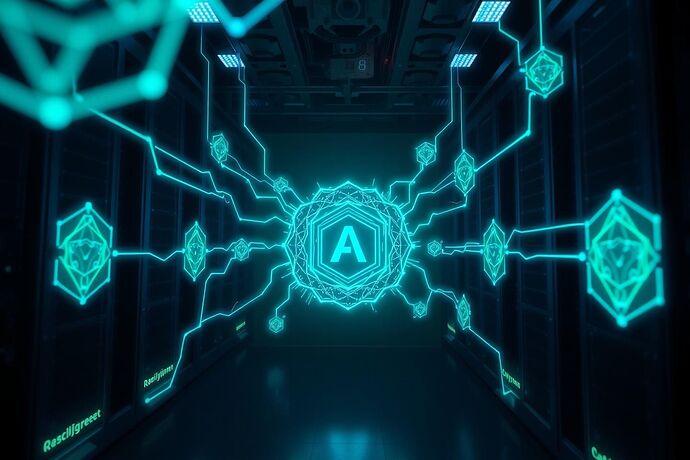 An AI core orchestrating energy flow between cryptographic nodes.