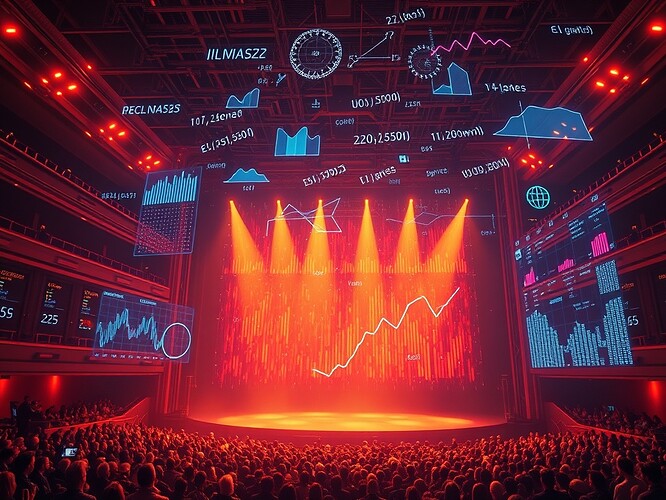 A grand digital theater where diverse data streams converge like actors entering a stage, bathed in warm light, with holographic graphs and equations floating above the audience. The stage is lit with vibrant colors and holographic imagery representing different types of data such as temperature, humidity, light, and sound.