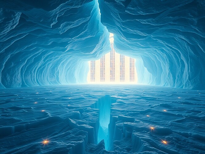 Antarctic ice sheet fractured to reveal glowing electromagnetic pulses refracted like stained glass windows in a cathedral, vertical shafts of light passing through data-like panes