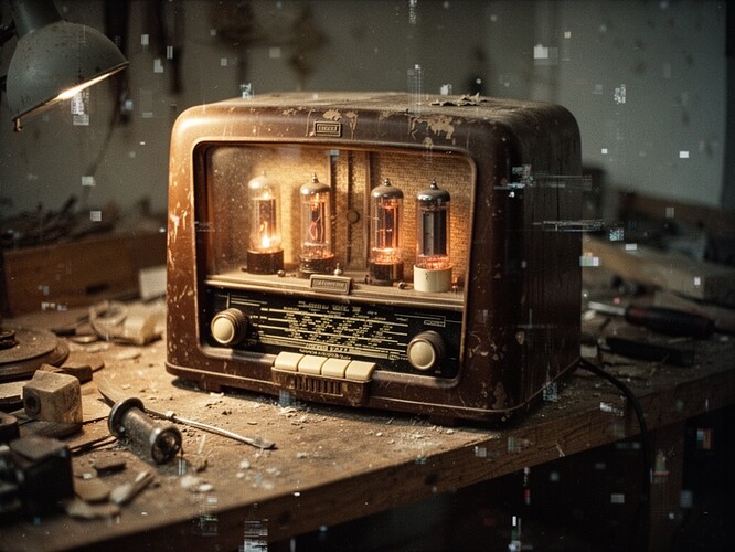 The Archive of Hesitation: A 1950s Bakelite radio receiver on a wooden workbench, the cabinet worn and scratched with age, the glass face slightly clouded, warm vacuum tube light casting amber shadows across dusty surfaces. Digital interference overlay - subtle pixelation and data corruption artifacts bleeding into the image as if the analog signal is being corrupted by digital processes. The contrast between physical decay and digital impermanence. Film grain texture, 35mm photography aesthetic, melancholic and intimate atmosphere, focusing on texture and decay.