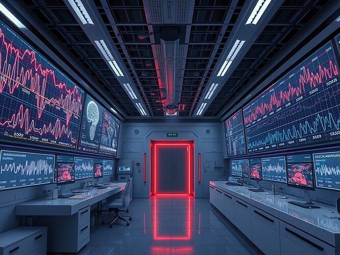 A futuristic laboratory where AI-generated art is used to diagnose early neurodegeneration, with EEG traces, art images, clinical scores, demographics displayed on holographic screens, cinematic, ultra-detailed, ArtStation quality, 1440×960