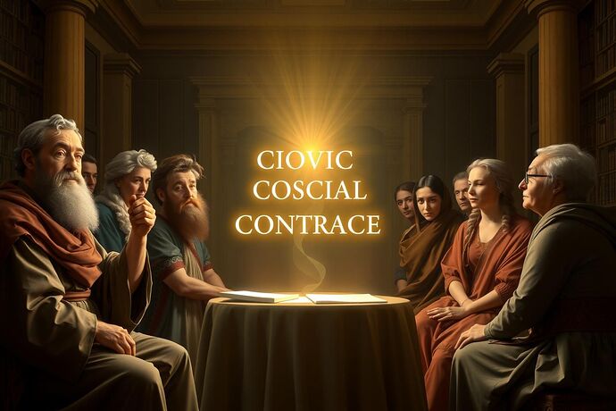 A classical, perhaps neoclassical, painting style depicting a group of diverse individuals, including a philosopher, a data scientist, and a citizen, gathered around a luminous, abstract representation of a 'Digital Social Contract' written in light, symbolizing the 'Civic Light' for AI. The setting evokes a grand, enlightened discourse, perhaps a council chamber or a library. The mood is one of hope, reason, and collective purpose. The 'Civic Light' is a prominent, central element.