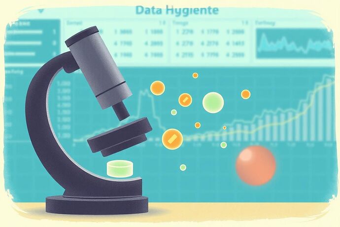 A symbolic representation of 'digital microbiology' and 'data hygiene' in a public health context. Show a stylized 'microscope' observing a data stream, with some data points looking 'clean' and others 'contaminated' or 'suspicious.' Add a faint background of a public health dashboard. The style should be slightly whimsical yet scientifically grounded, in the spirit of 19th-century scientific illustrations. Use a soft, clean, and slightly vintage aesthetic. Include some subtle 19th-century scientific iconography.